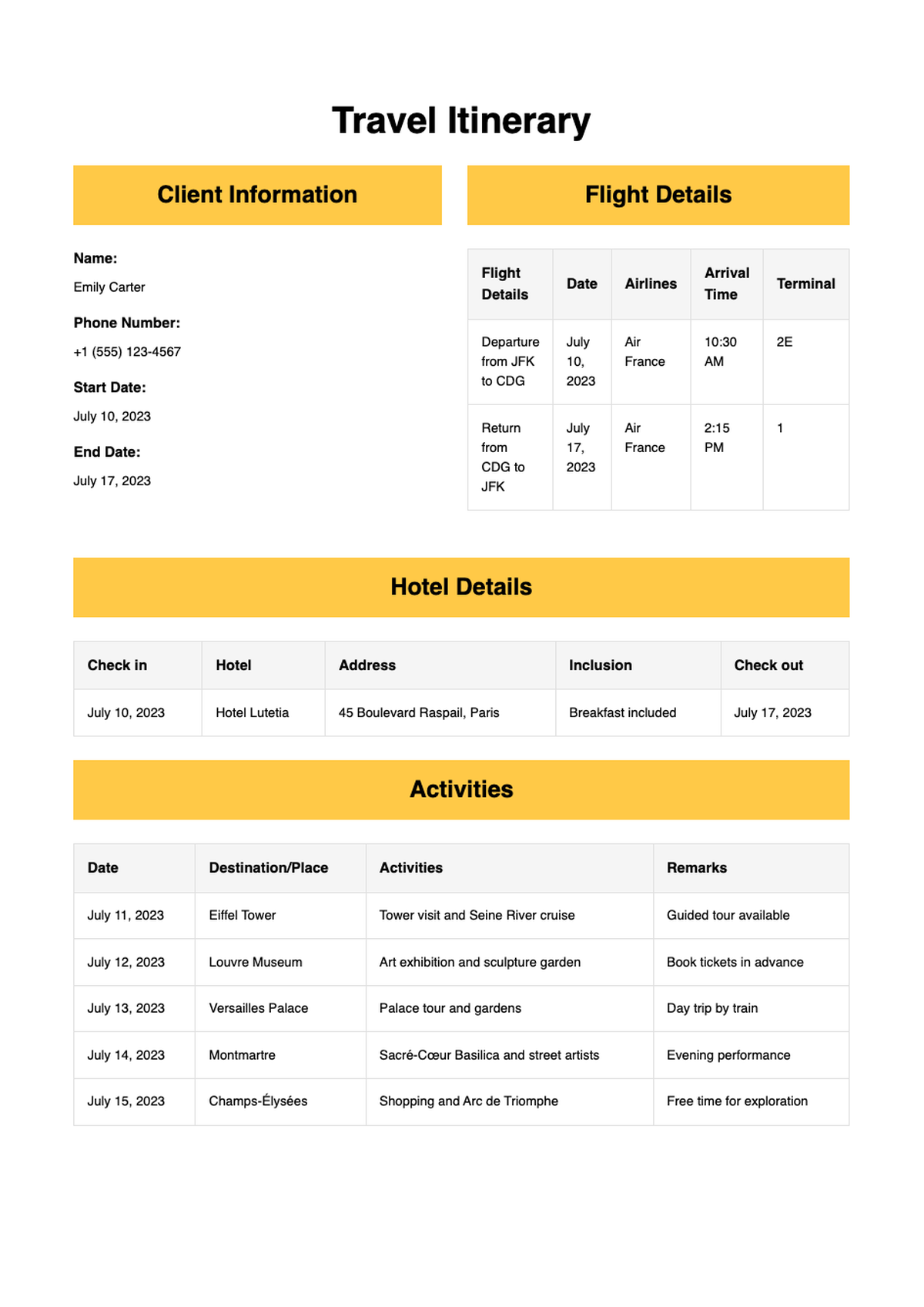 Vacation itinerary template with client flight hotel and activities details_variant_3